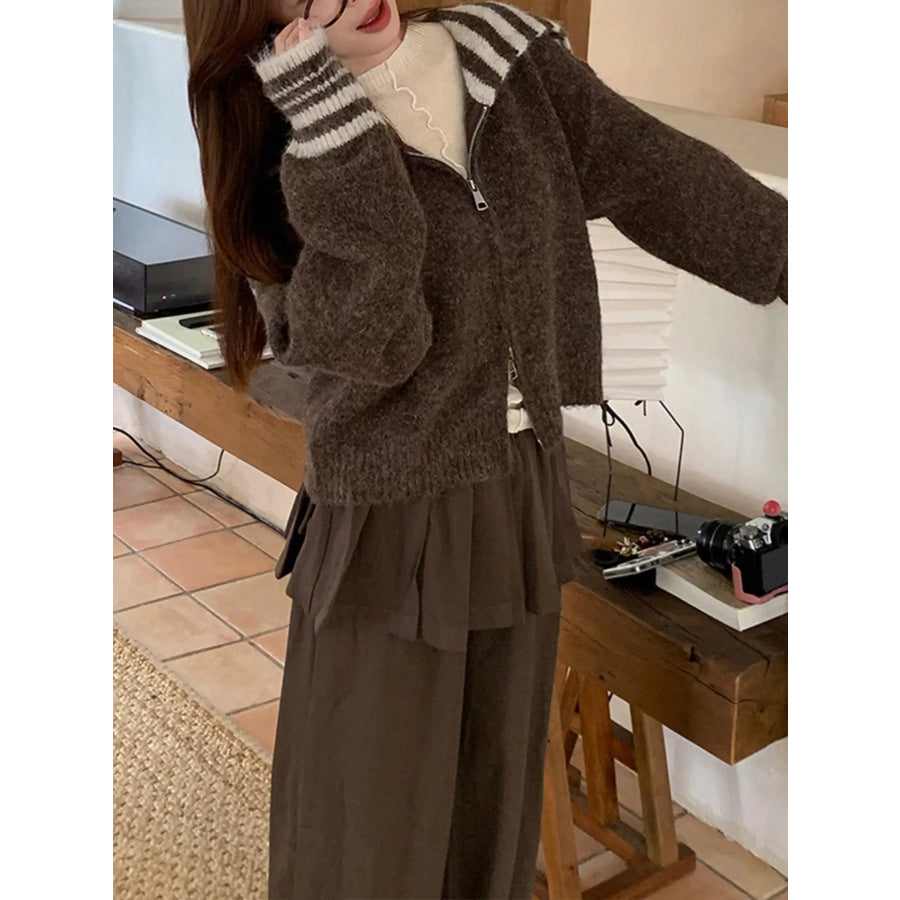 Striped Trim Zip-Up Knit Cardigan Apparel and Accessories