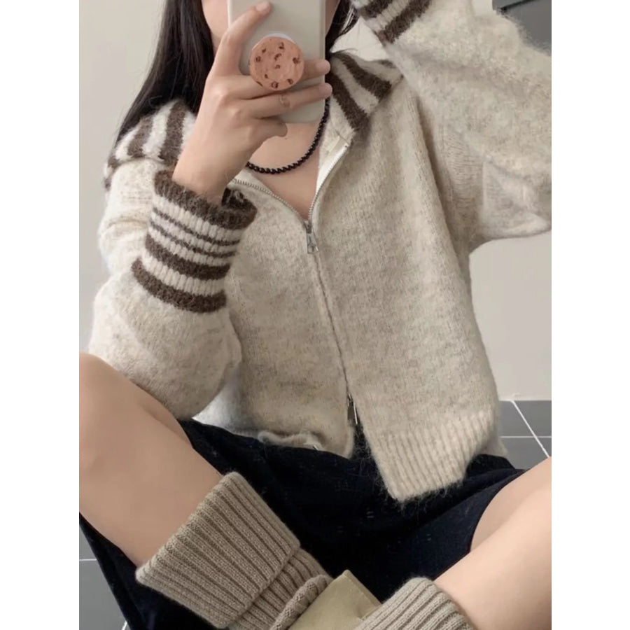 Striped Trim Zip-Up Knit Cardigan Apparel and Accessories