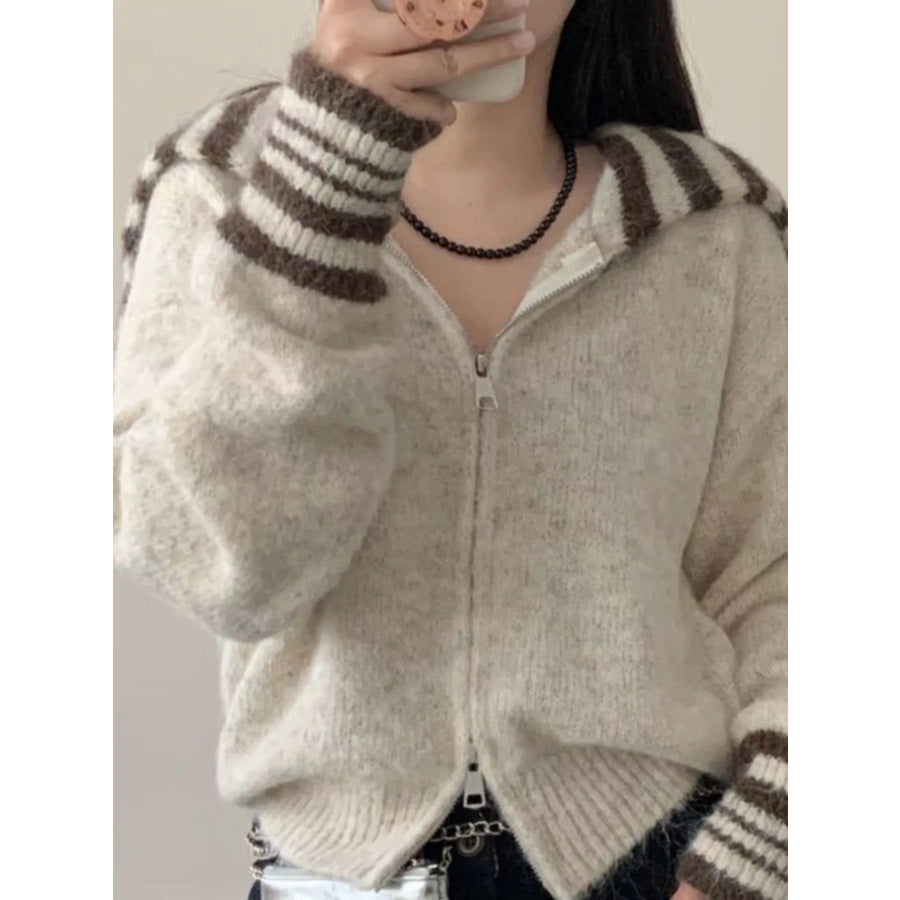 Striped Trim Zip-Up Knit Cardigan Apparel and Accessories