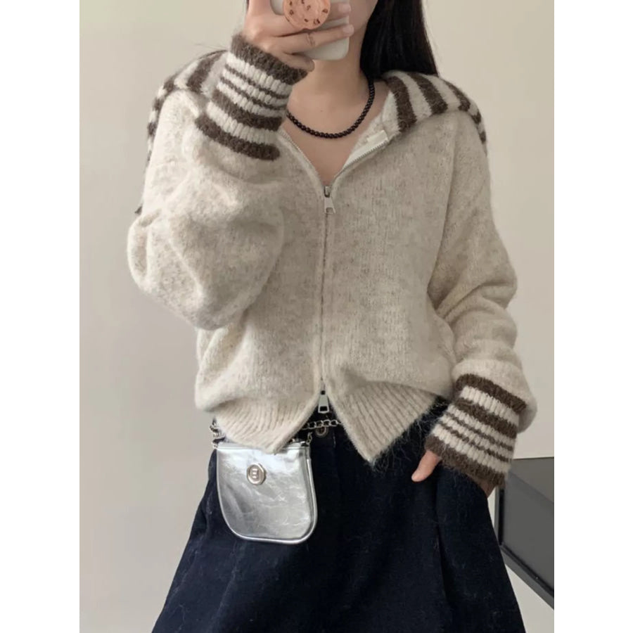 Striped Trim Zip-Up Knit Cardigan Beige / One Size Apparel and Accessories