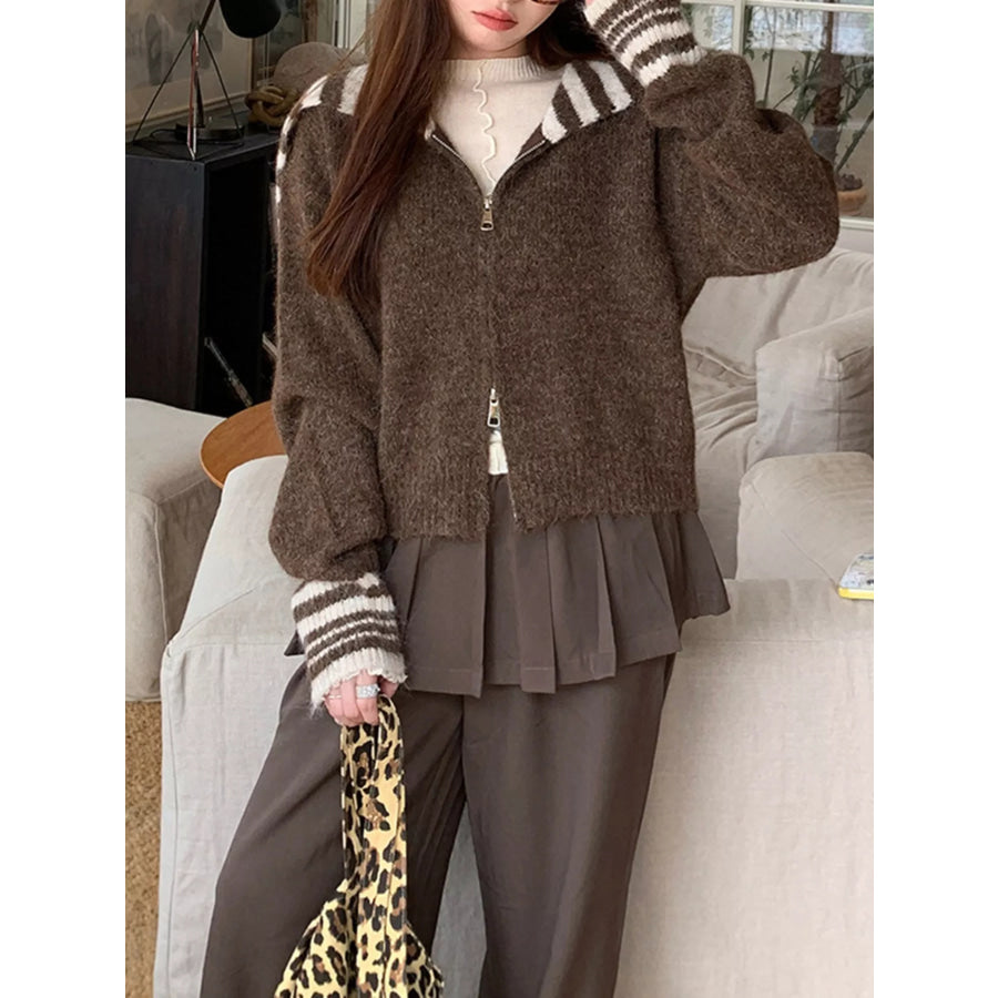 Striped Trim Zip-Up Knit Cardigan Coffee Brown / One Size Apparel and Accessories