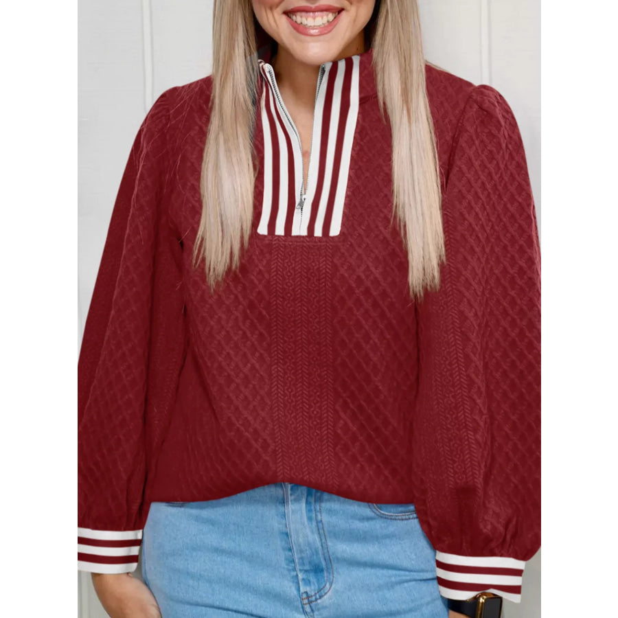 Striped Trim Zipper Blouse Burgundy / S Apparel and Accessories