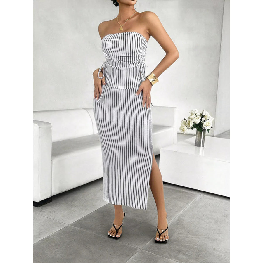 Striped Tube Top and Slit Skirt Set Apparel and Accessories