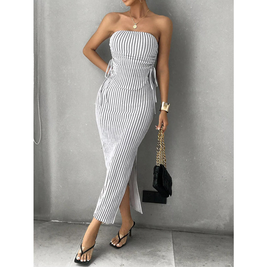 Striped Tube Top and Slit Skirt Set Apparel and Accessories