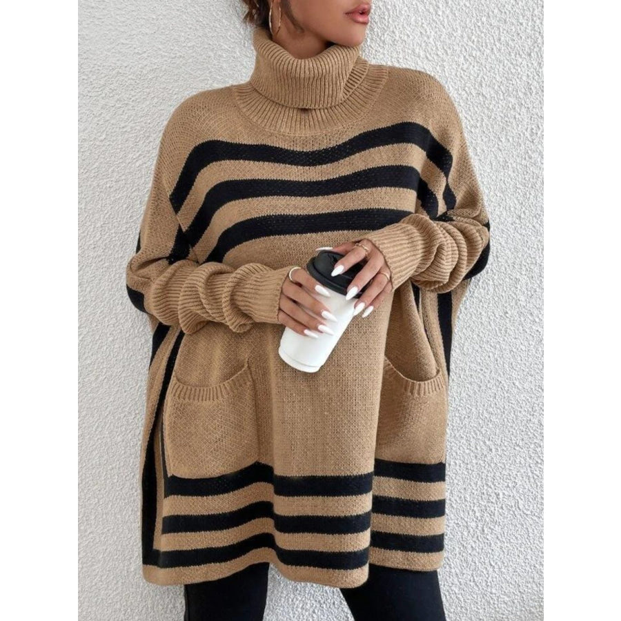 Striped Turtleneck Batwing Sleeve Sweater with Pockets Apparel and Accessories