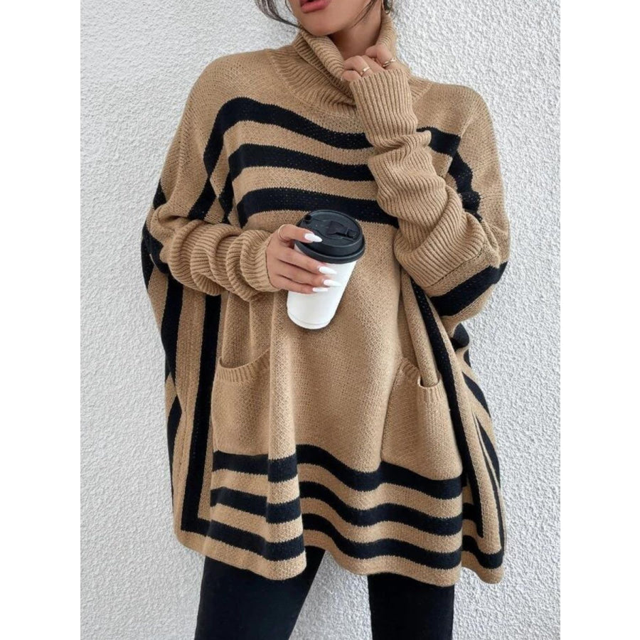 Striped Turtleneck Batwing Sleeve Sweater with Pockets Apparel and Accessories