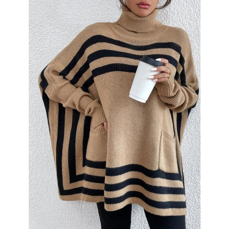 Striped Turtleneck Batwing Sleeve Sweater with Pockets Apparel and Accessories