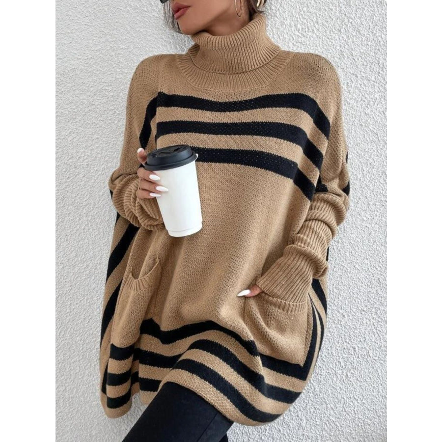 Striped Turtleneck Batwing Sleeve Sweater with Pockets Apparel and Accessories