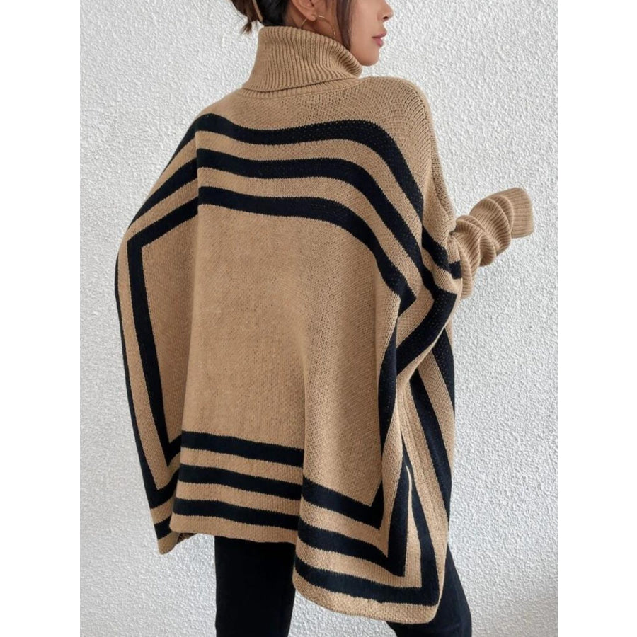 Striped Turtleneck Batwing Sleeve Sweater with Pockets Tan / S Apparel and Accessories