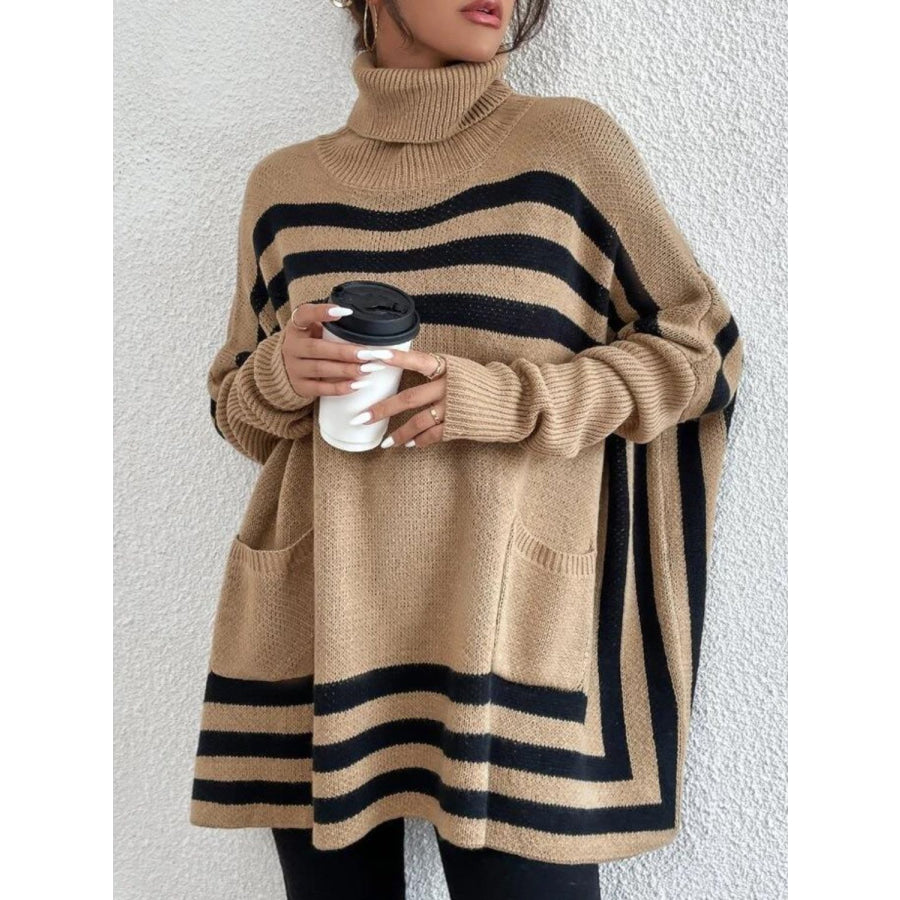 Striped Turtleneck Batwing Sleeve Sweater with Pockets Apparel and Accessories