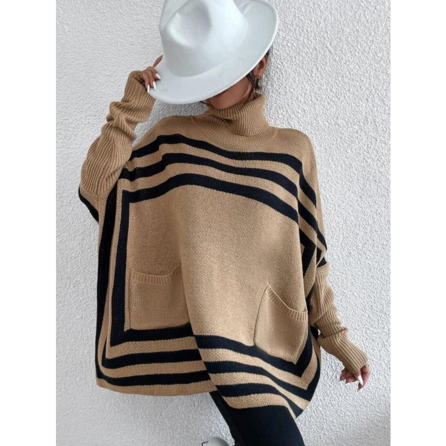 Striped Turtleneck Batwing Sleeve Sweater with Pockets Tan / S Apparel and Accessories