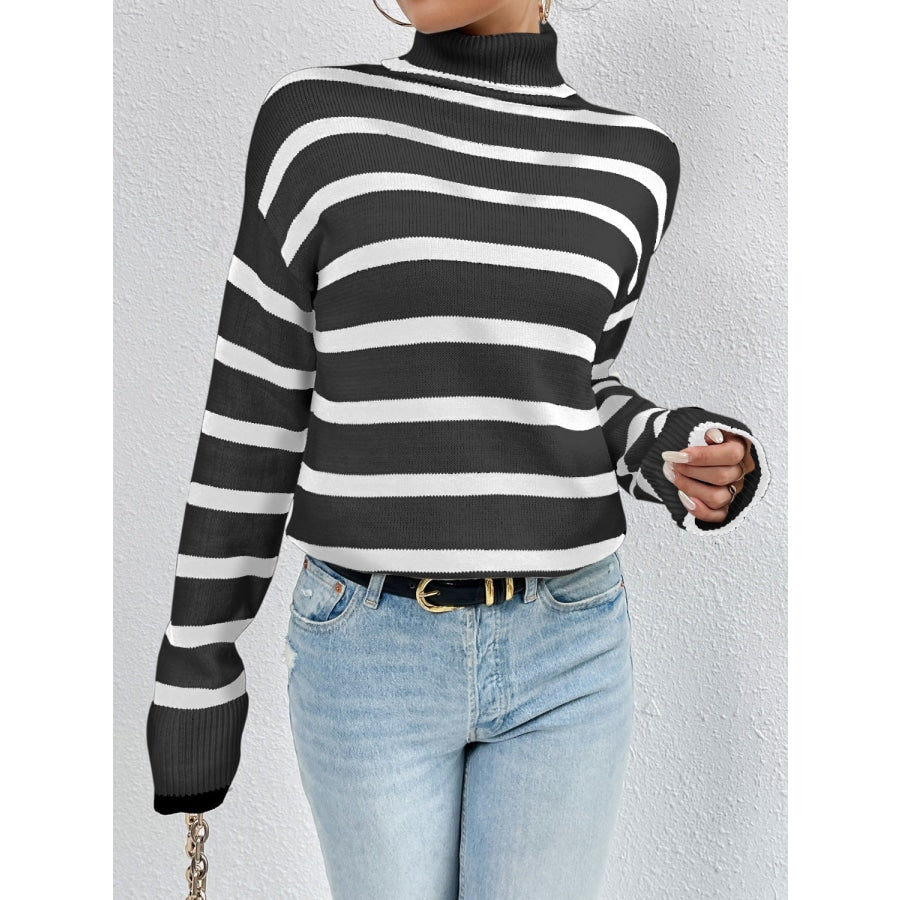 Striped Turtleneck Drop Shoulder Sweater Black / S