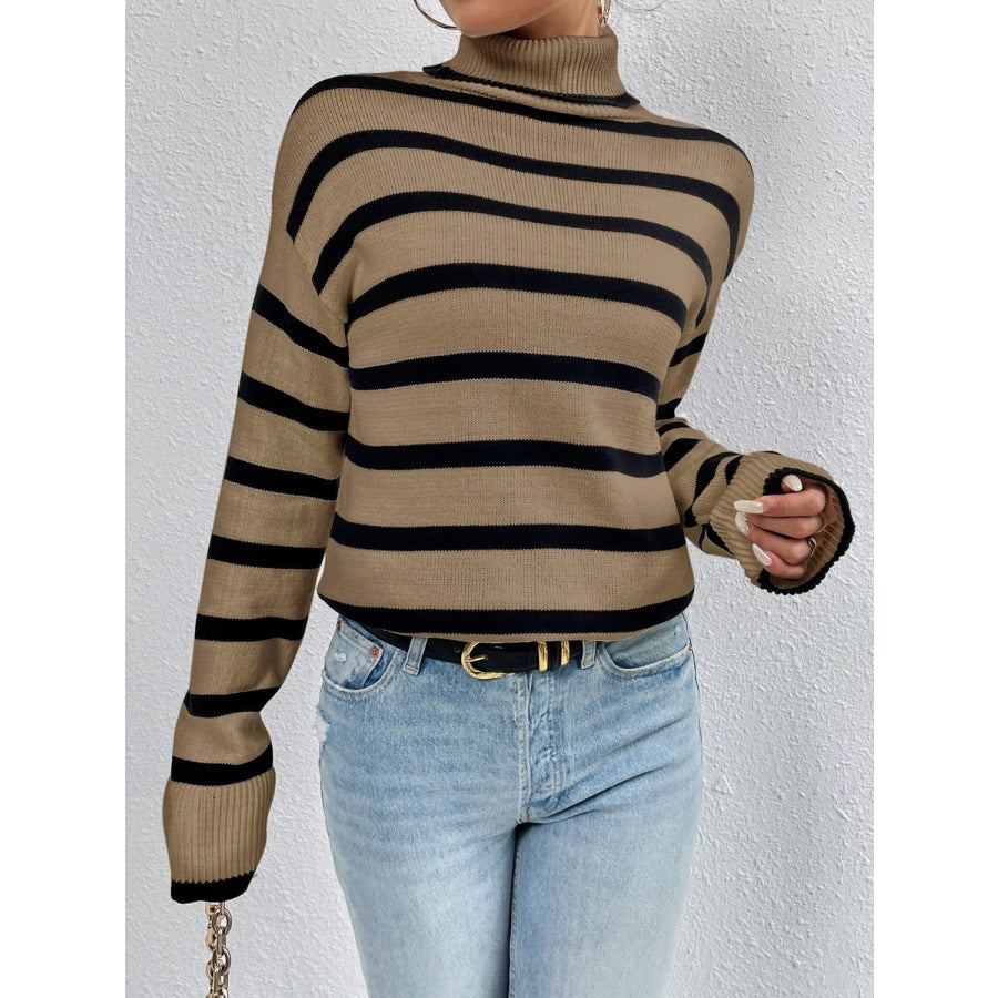 Striped Turtleneck Drop Shoulder Sweater Camel / S