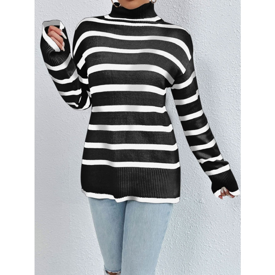 Striped Turtleneck Drop Shoulder Sweater