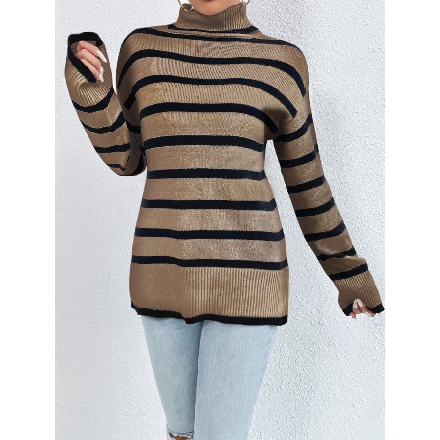 Striped Turtleneck Drop Shoulder Sweater