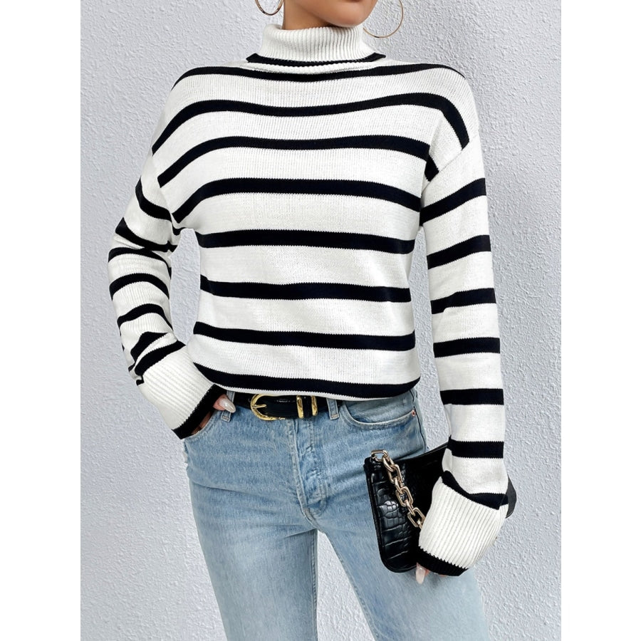 Striped Turtleneck Drop Shoulder Sweater