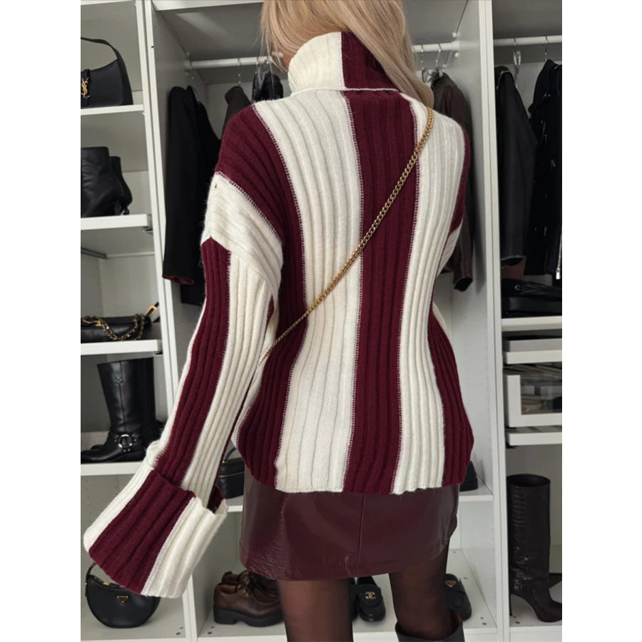 Striped Turtleneck Dropped Shoulder Sweater Burgundy / S Apparel and Accessories