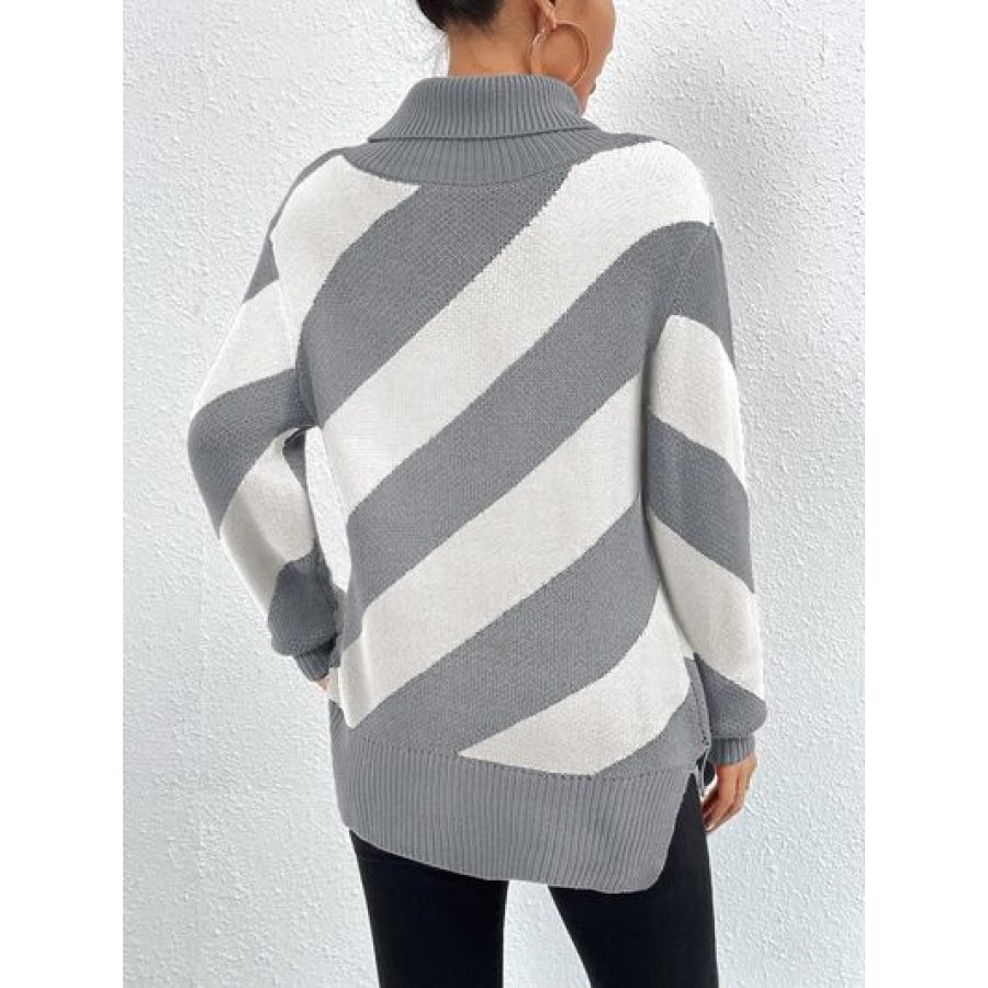 Striped Turtleneck Dropped Shoulder Sweater Clothing