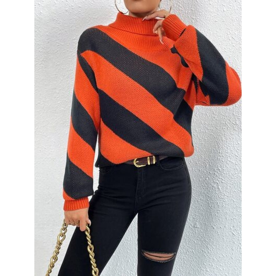 Striped Turtleneck Dropped Shoulder Sweater Clothing