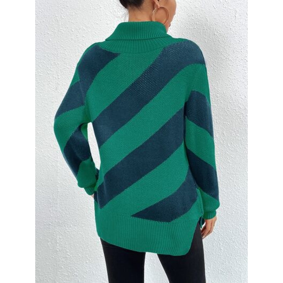 Striped Turtleneck Dropped Shoulder Sweater Clothing