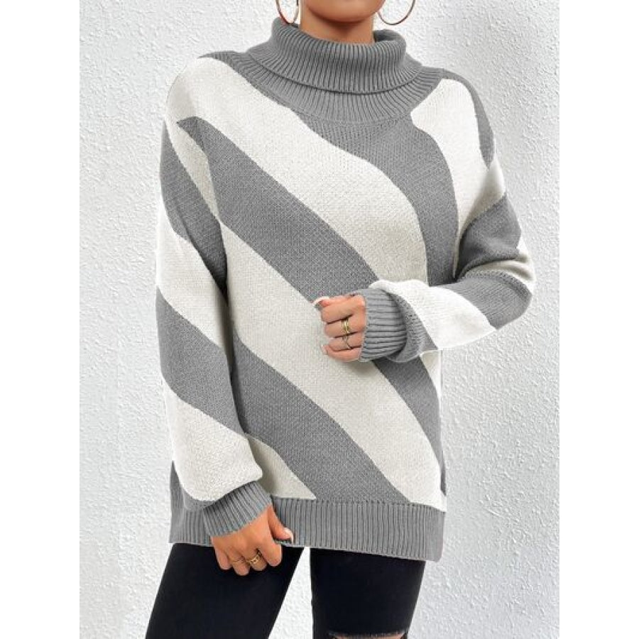 Striped Turtleneck Dropped Shoulder Sweater Clothing