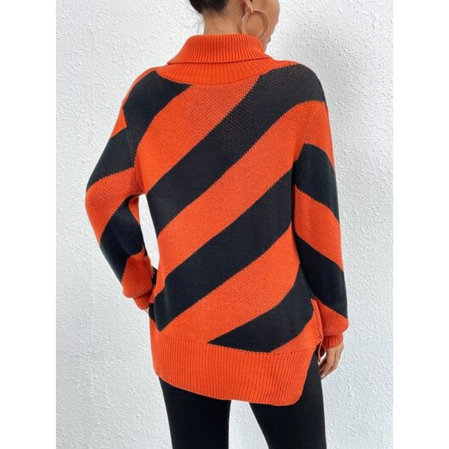 Striped Turtleneck Dropped Shoulder Sweater Clothing