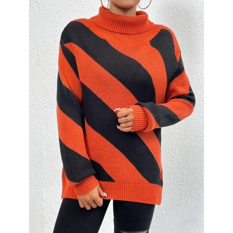 Striped Turtleneck Dropped Shoulder Sweater Clothing