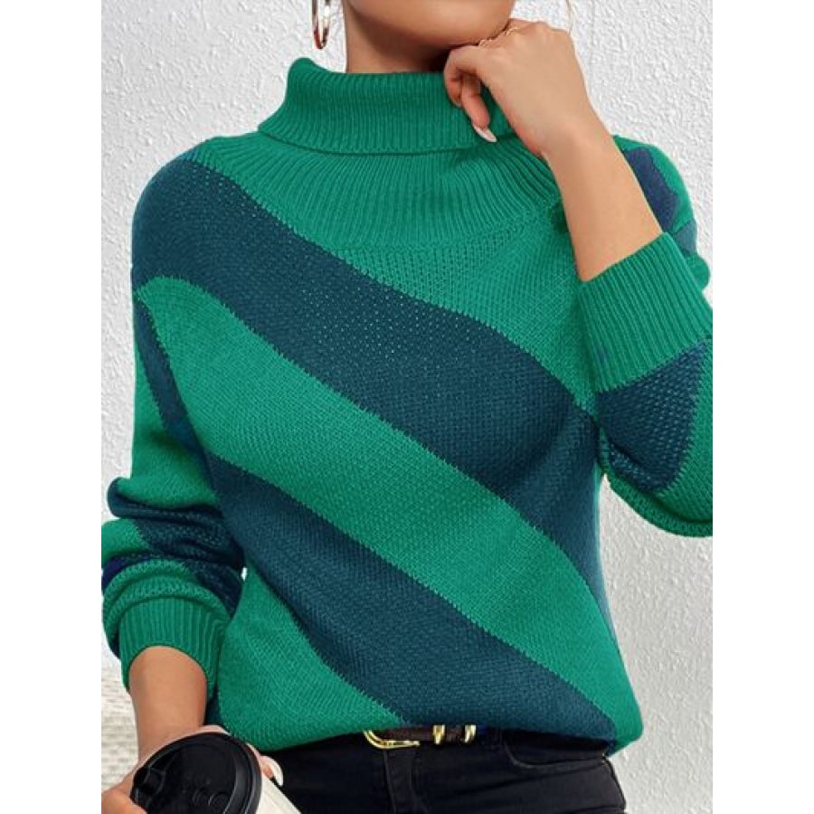 Striped Turtleneck Dropped Shoulder Sweater Clothing