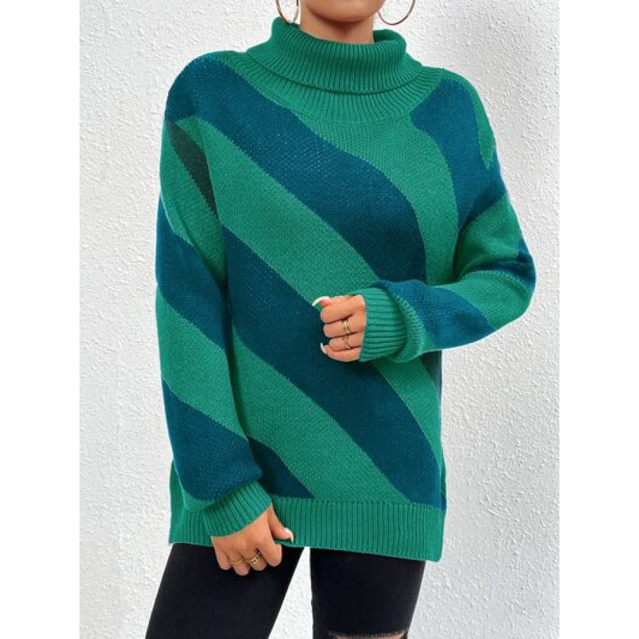 Striped Turtleneck Dropped Shoulder Sweater Green / S Clothing