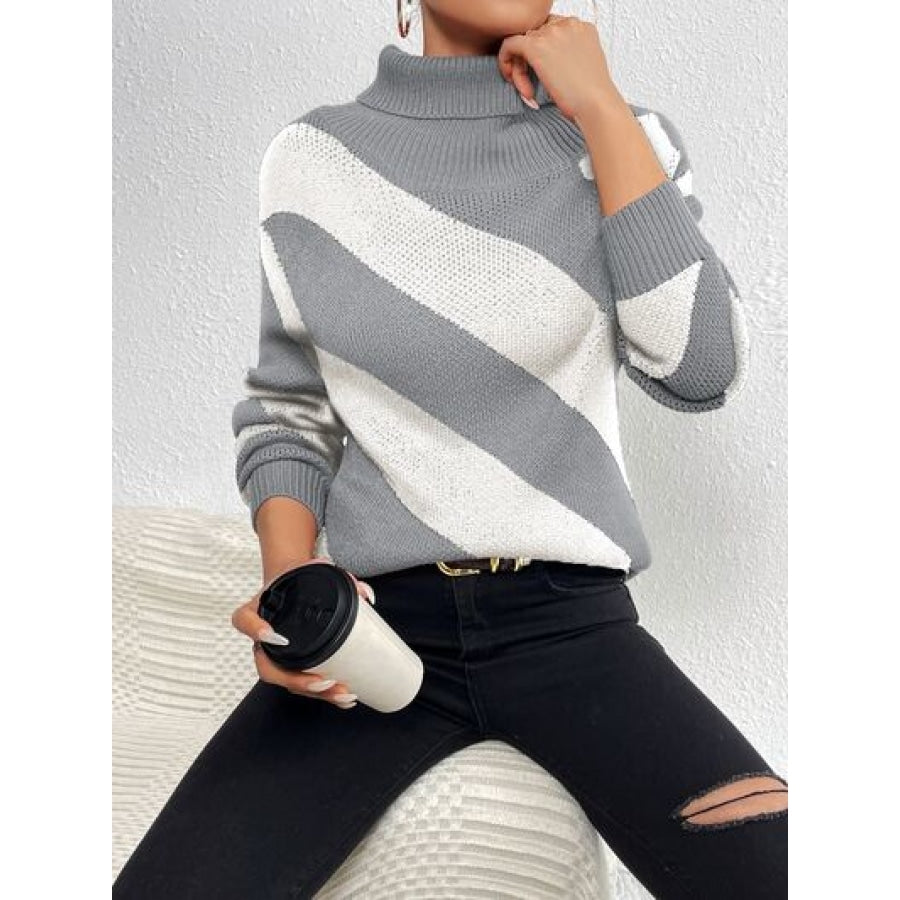 Striped Turtleneck Dropped Shoulder Sweater Heather Gray / S Clothing