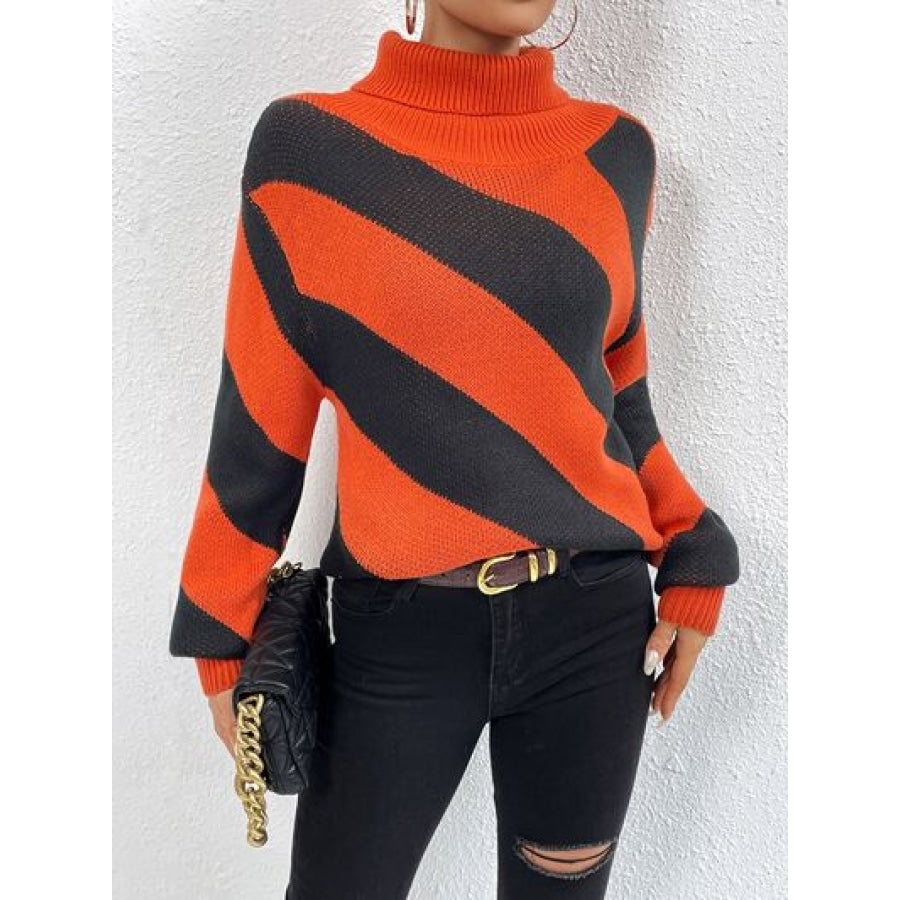 Striped Turtleneck Dropped Shoulder Sweater Red Orange / S Clothing