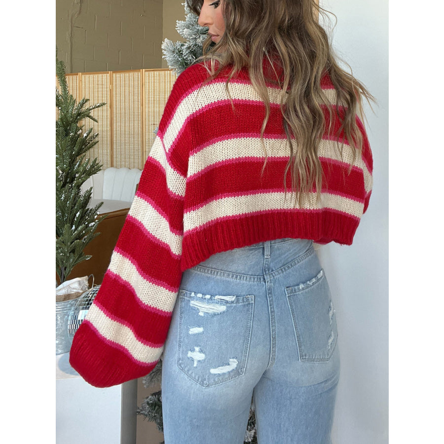 Striped Turtleneck Long Sleeve Cropped Sweater Apparel and Accessories