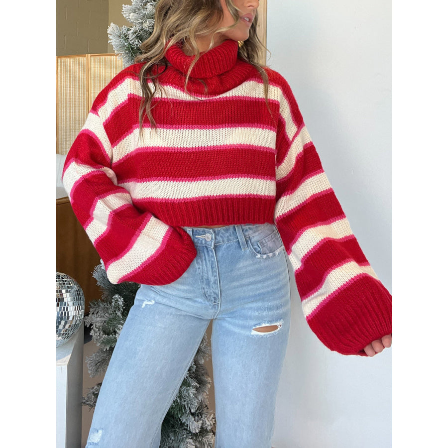 Striped Turtleneck Long Sleeve Cropped Sweater Deep Red / S Apparel and Accessories