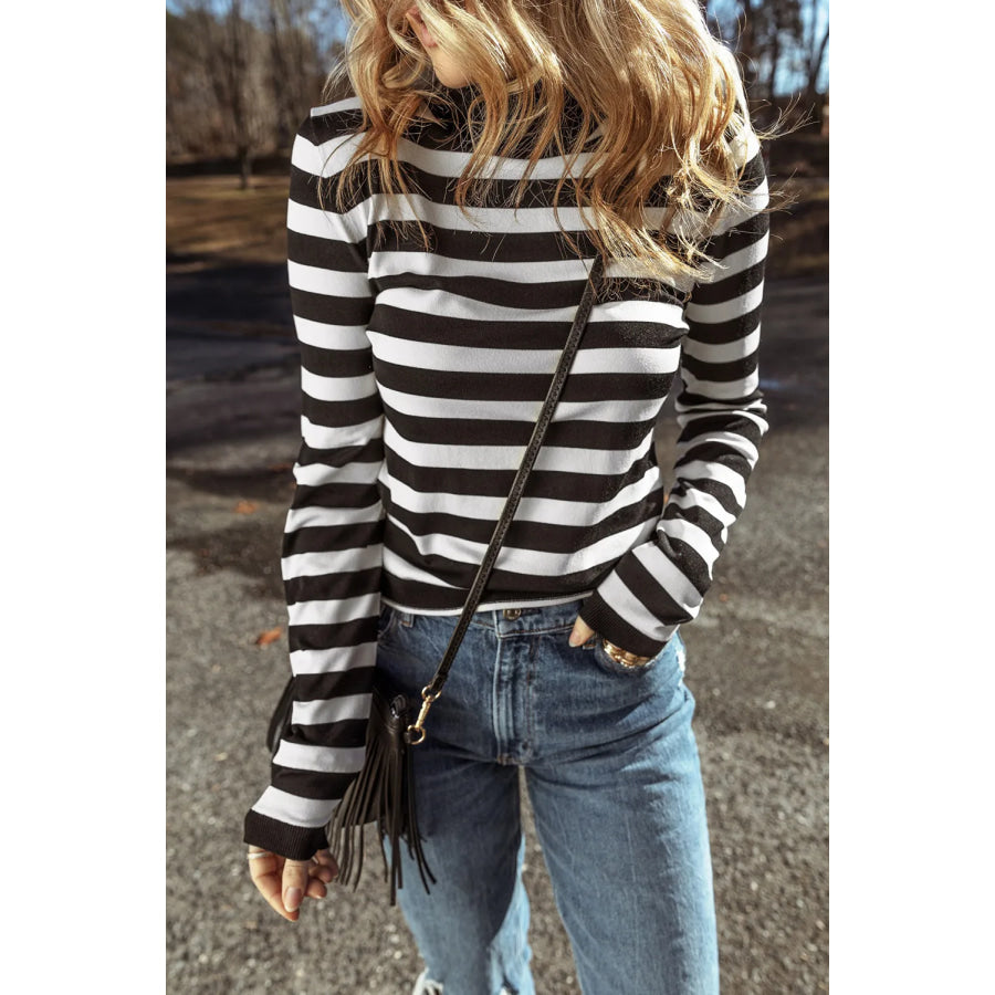 Striped Turtleneck Long Sleeve Knit Top Apparel and Accessories