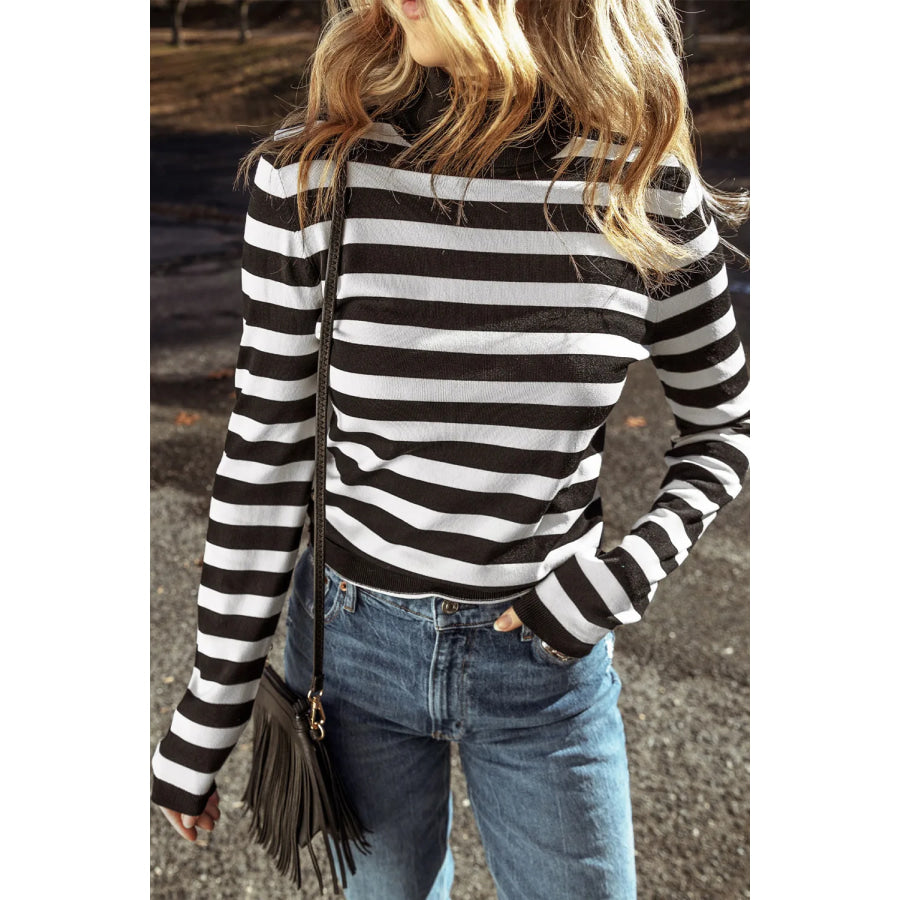 Striped Turtleneck Long Sleeve Knit Top Stripe / S Apparel and Accessories