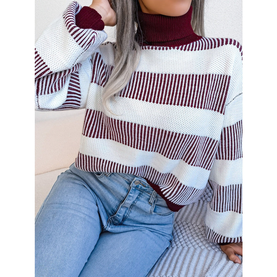 Striped Turtleneck Long Sleeve Sweater Apparel and Accessories