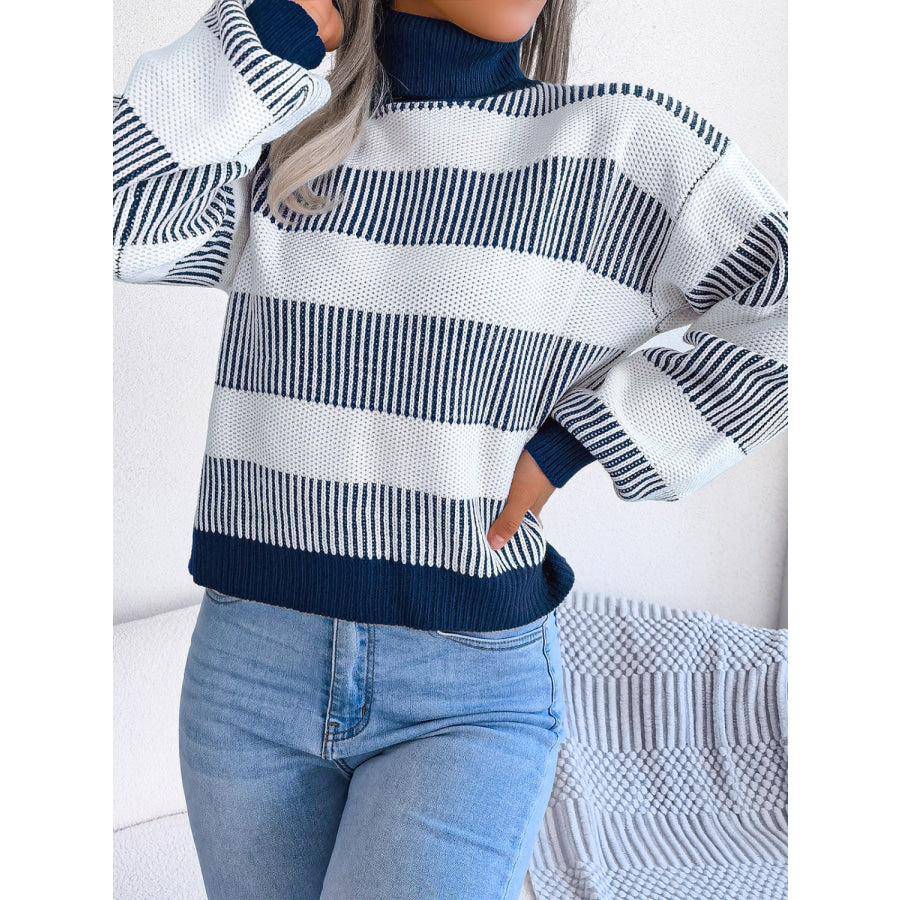 Striped Turtleneck Long Sleeve Sweater Apparel and Accessories