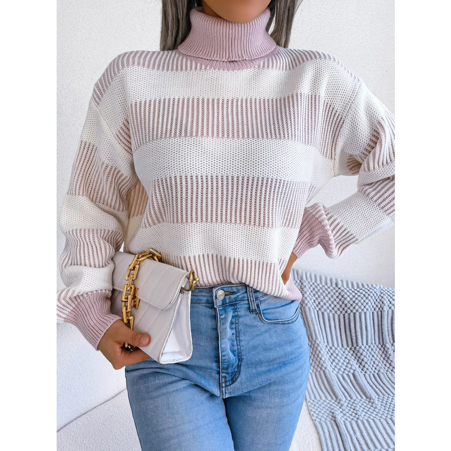 Striped Turtleneck Long Sleeve Sweater Apparel and Accessories