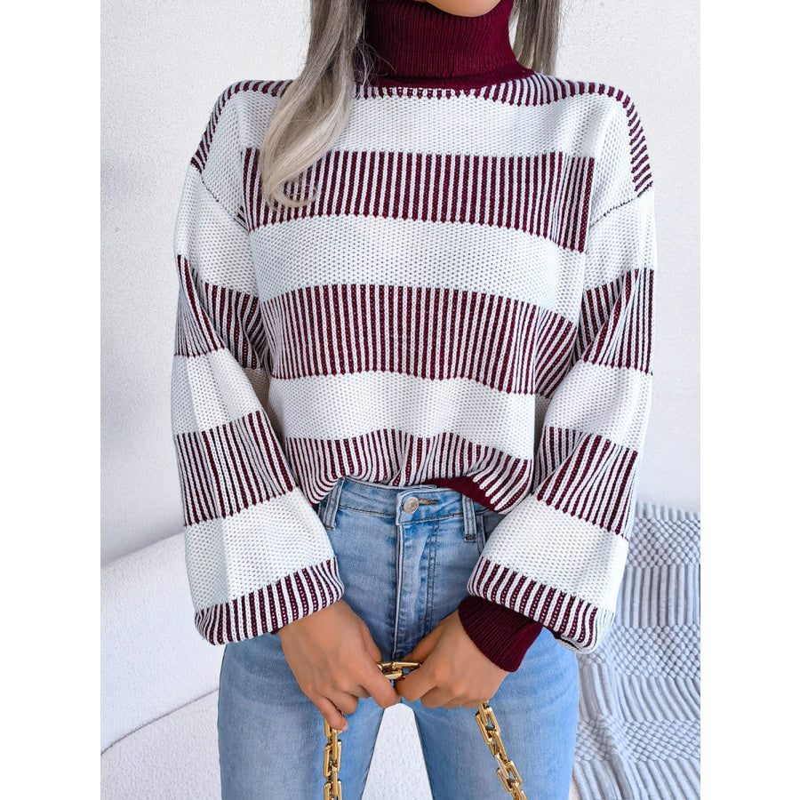 Striped Turtleneck Long Sleeve Sweater Apparel and Accessories