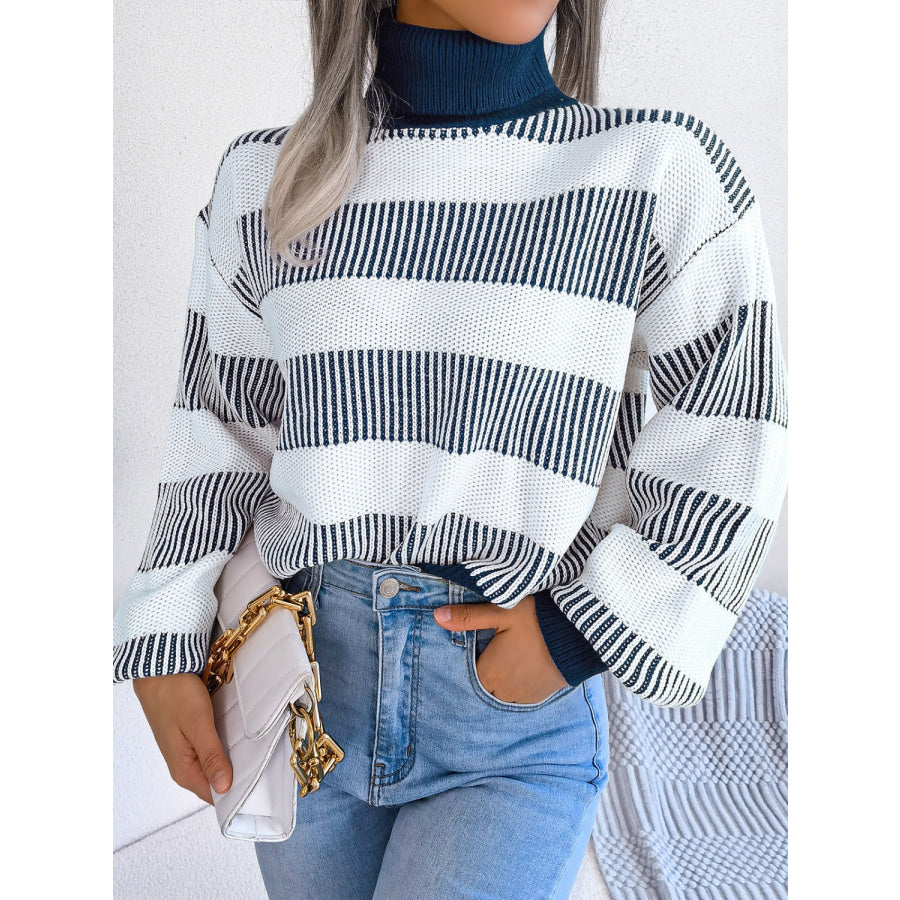 Striped Turtleneck Long Sleeve Sweater Apparel and Accessories