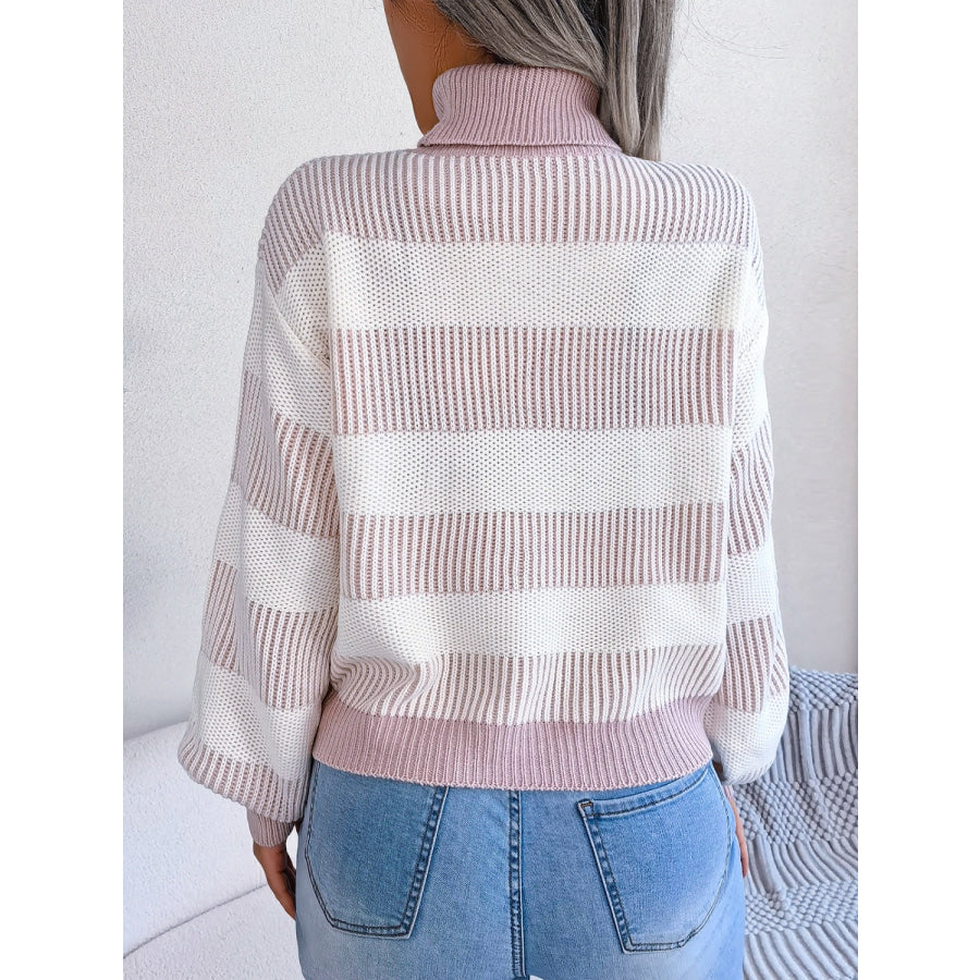 Striped Turtleneck Long Sleeve Sweater Apparel and Accessories