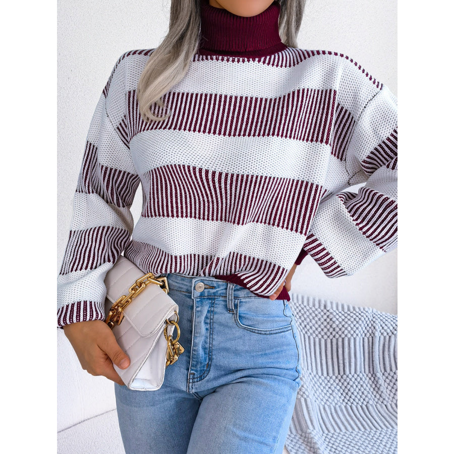 Striped Turtleneck Long Sleeve Sweater Apparel and Accessories