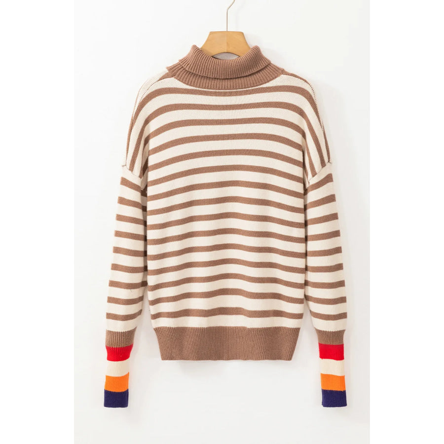 Striped Turtleneck Long Sleeve Sweater Taupe / S Apparel and Accessories