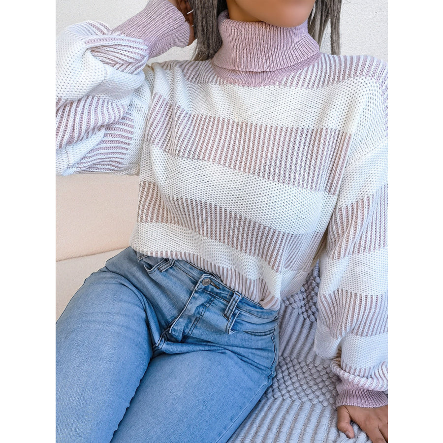 Striped Turtleneck Long Sleeve Sweater Apparel and Accessories