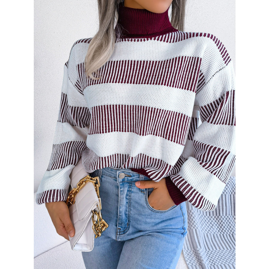 Striped Turtleneck Long Sleeve Sweater Apparel and Accessories