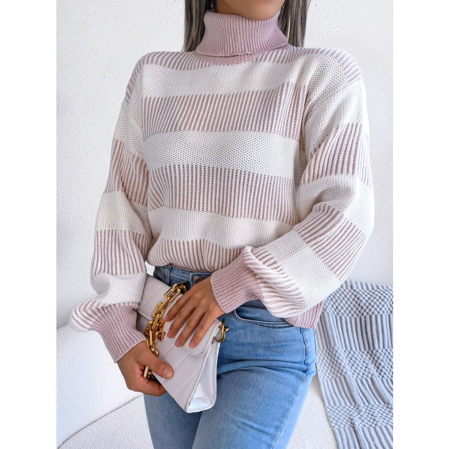 Striped Turtleneck Long Sleeve Sweater Apparel and Accessories