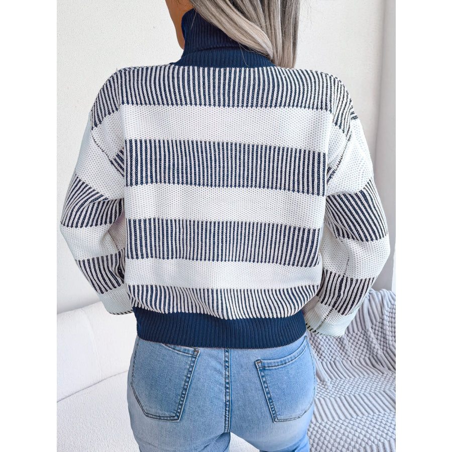 Striped Turtleneck Long Sleeve Sweater Peacock Blue / S Apparel and Accessories