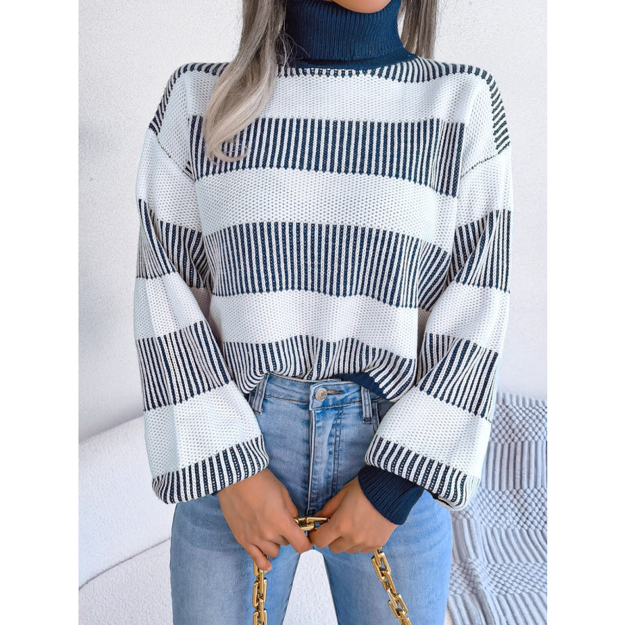 Striped Turtleneck Long Sleeve Sweater Peacock Blue / S Apparel and Accessories