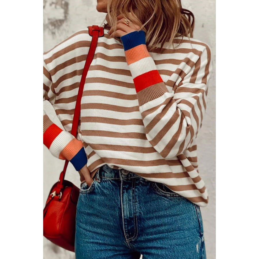 Striped Turtleneck Long Sleeve Sweater Taupe / S Apparel and Accessories