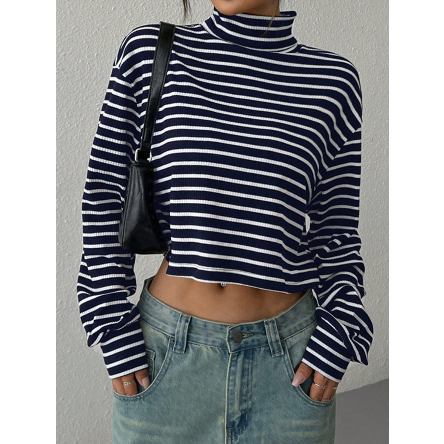 Striped Turtleneck Long Sleeve T-Shirt Black / S Apparel and Accessories